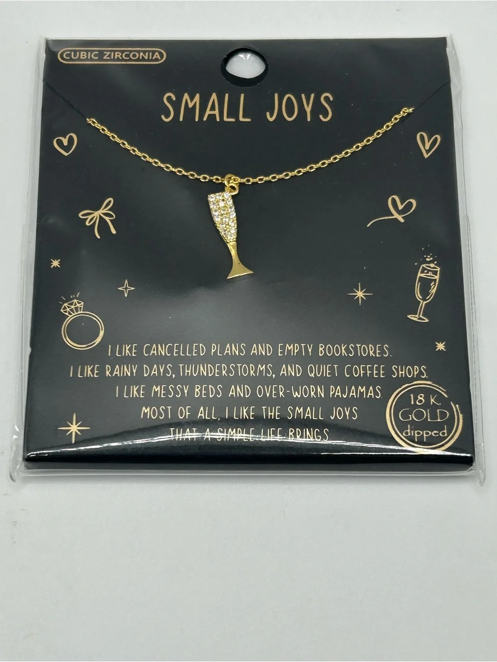 NEW 18K Gold Dipped Champagne Flute Pendant Necklace- Gold Finish/Cubic Zirconia